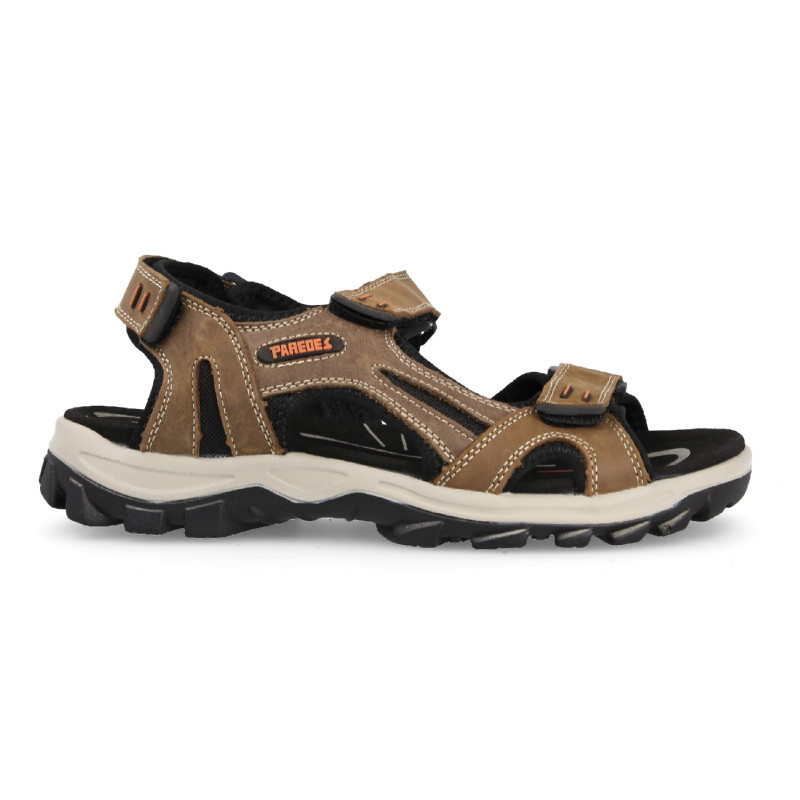 Men's trekking sandals in dark brown, designed in leather with triple adjustment for greater support