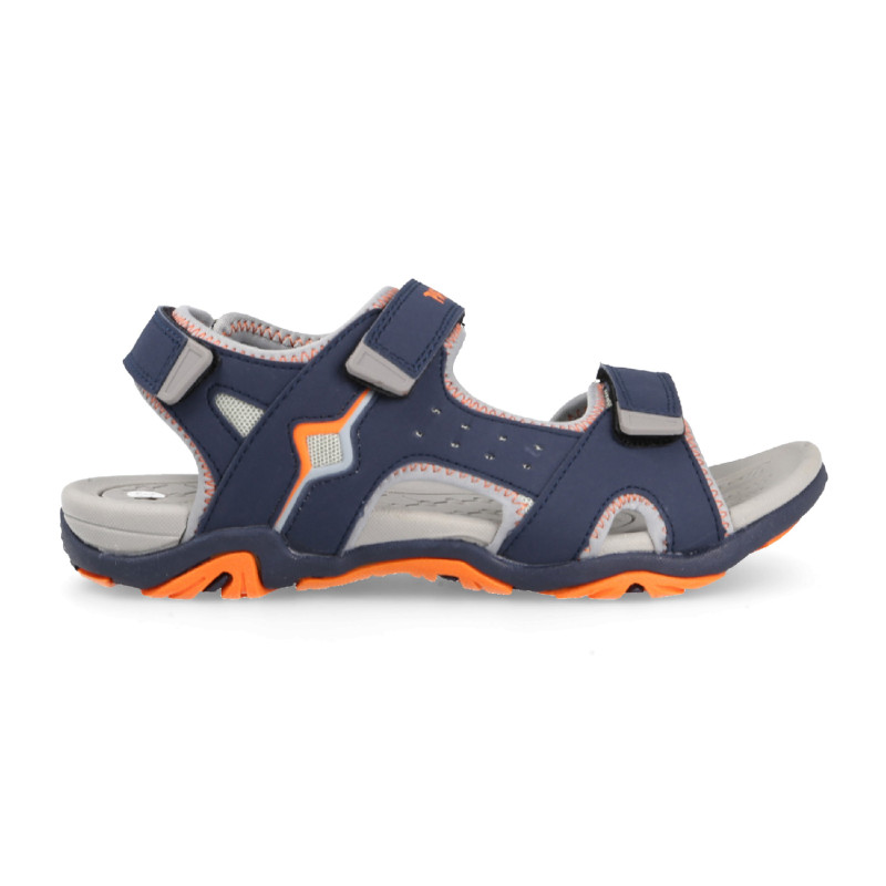 Sandalias de trekking para niños cómodas, ligeras y resistentes con triple cierre en velcro en color azul y naranja