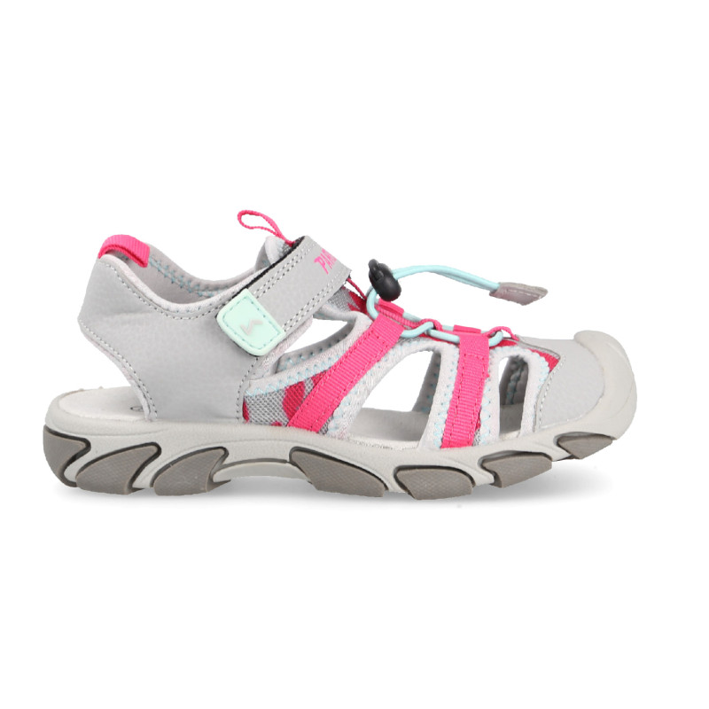 Sandals for children closed with double adjustment for greater protection in gray with pink brushstrokes