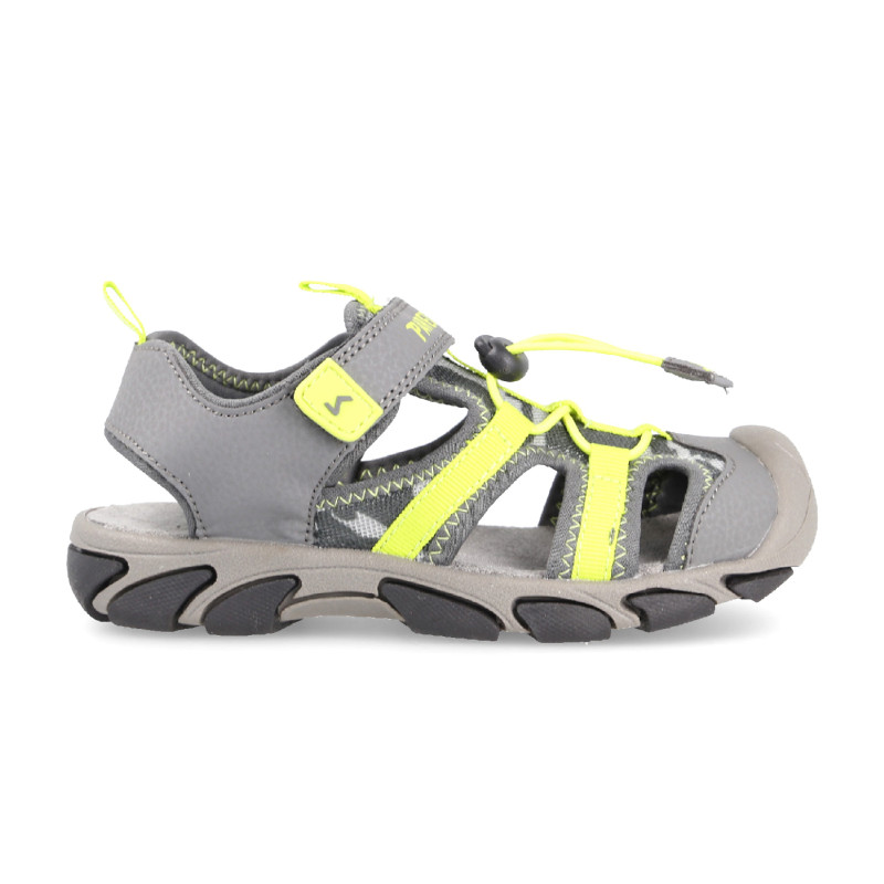 Sandals for children closed with double adjustment for greater protection in gray with yellow brushstrokes
