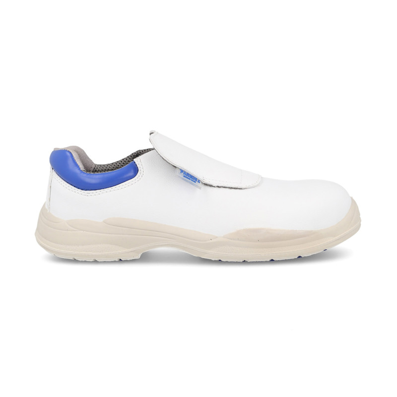Zapato de seguridad Adriá blanco con detalles en azul: alta absorción de impactos, cómodo y adaptable al pie