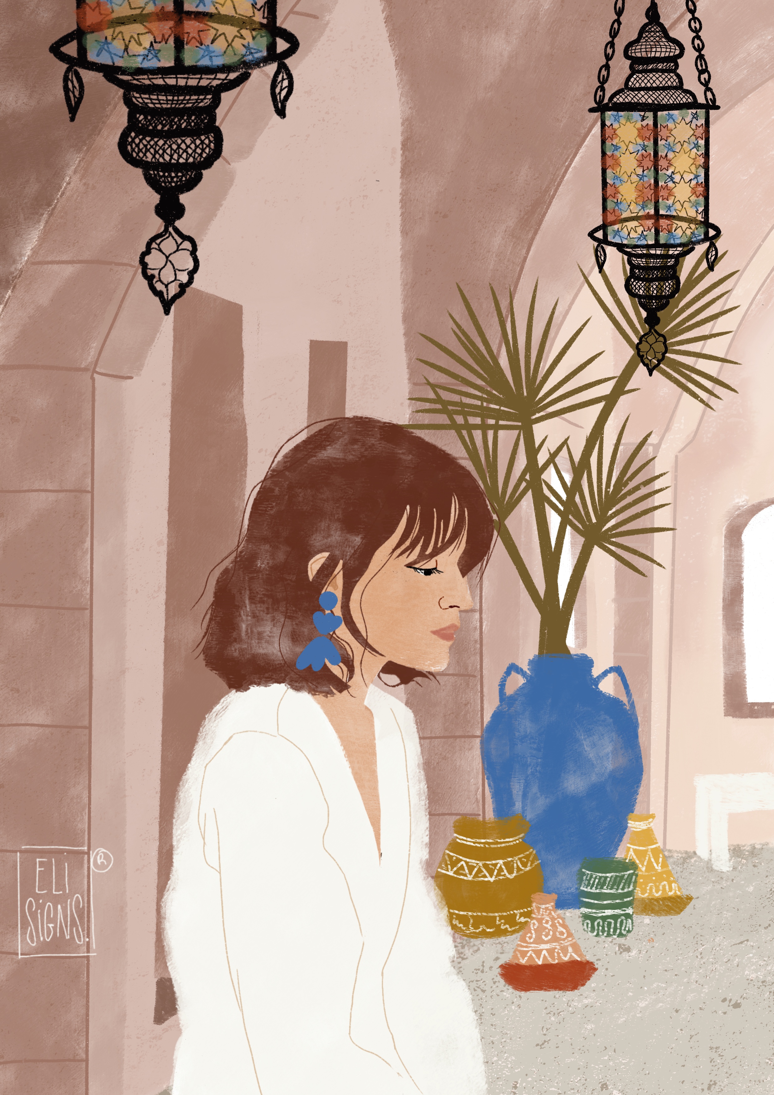 Ilustración Eli Martínez. Mujer en Marrakech. Colaboración blog Paredes Paredes con la Ilustración española Eli Martínez