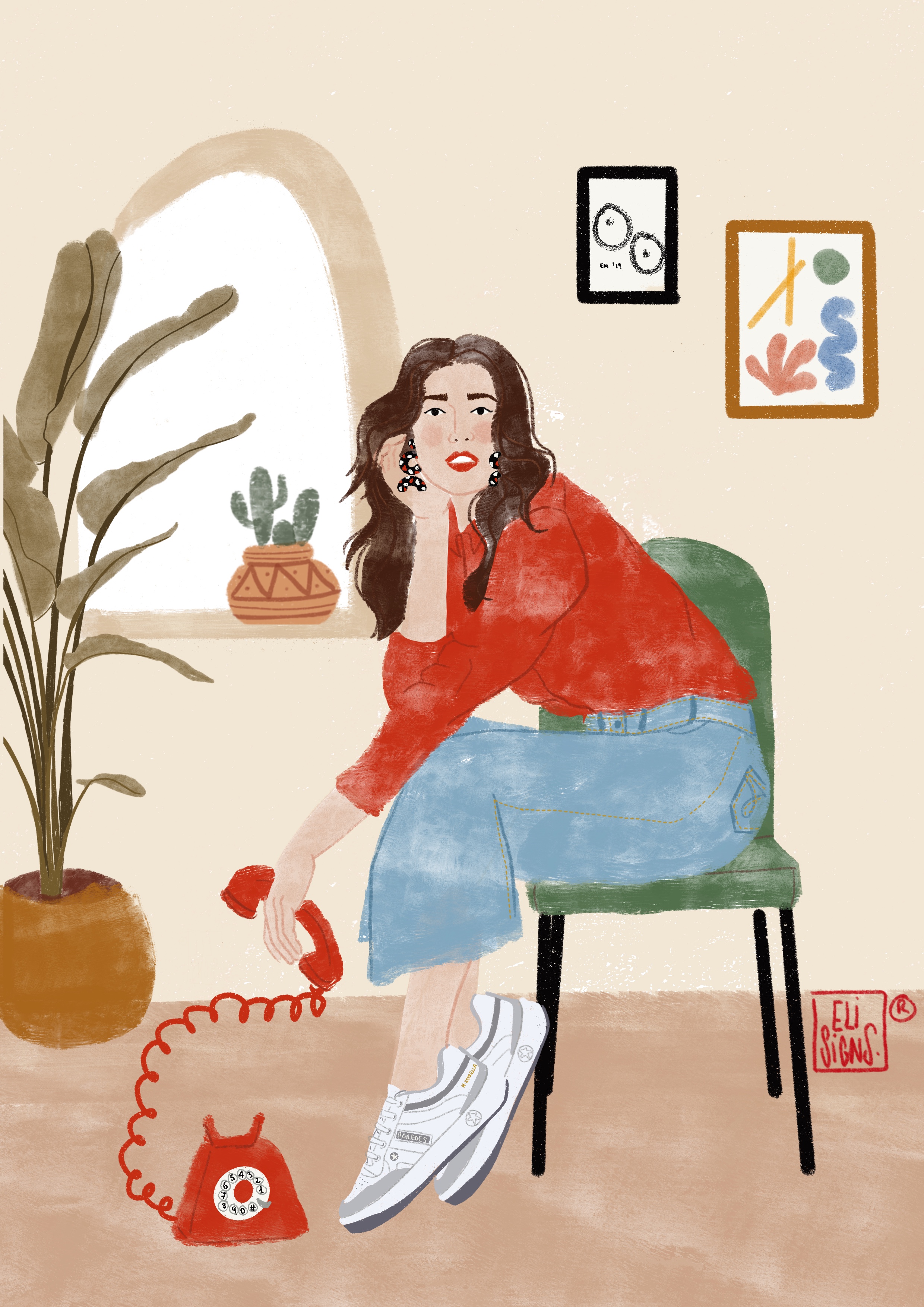 Ilustración Eli Martínez. Mujer sentada con unas zapatillas Paredes Estrella. Colaboración blog Paredes Paredes con la Ilustración española Eli Martínez